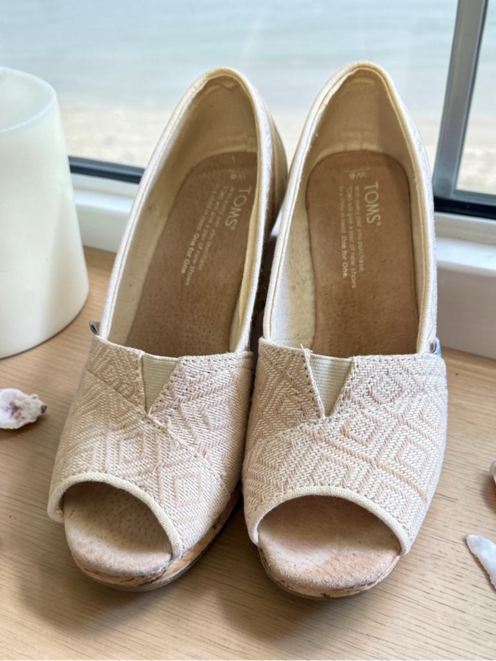 TOMS Cork Wedge Peep Toe Heels Size 9 Boho Neutral